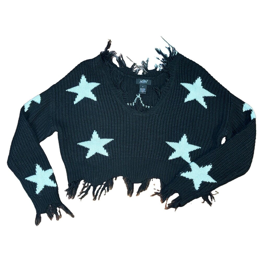 Just Polly Black White Star Boho Cropped Pullover Fringe Distressed Sweater-S